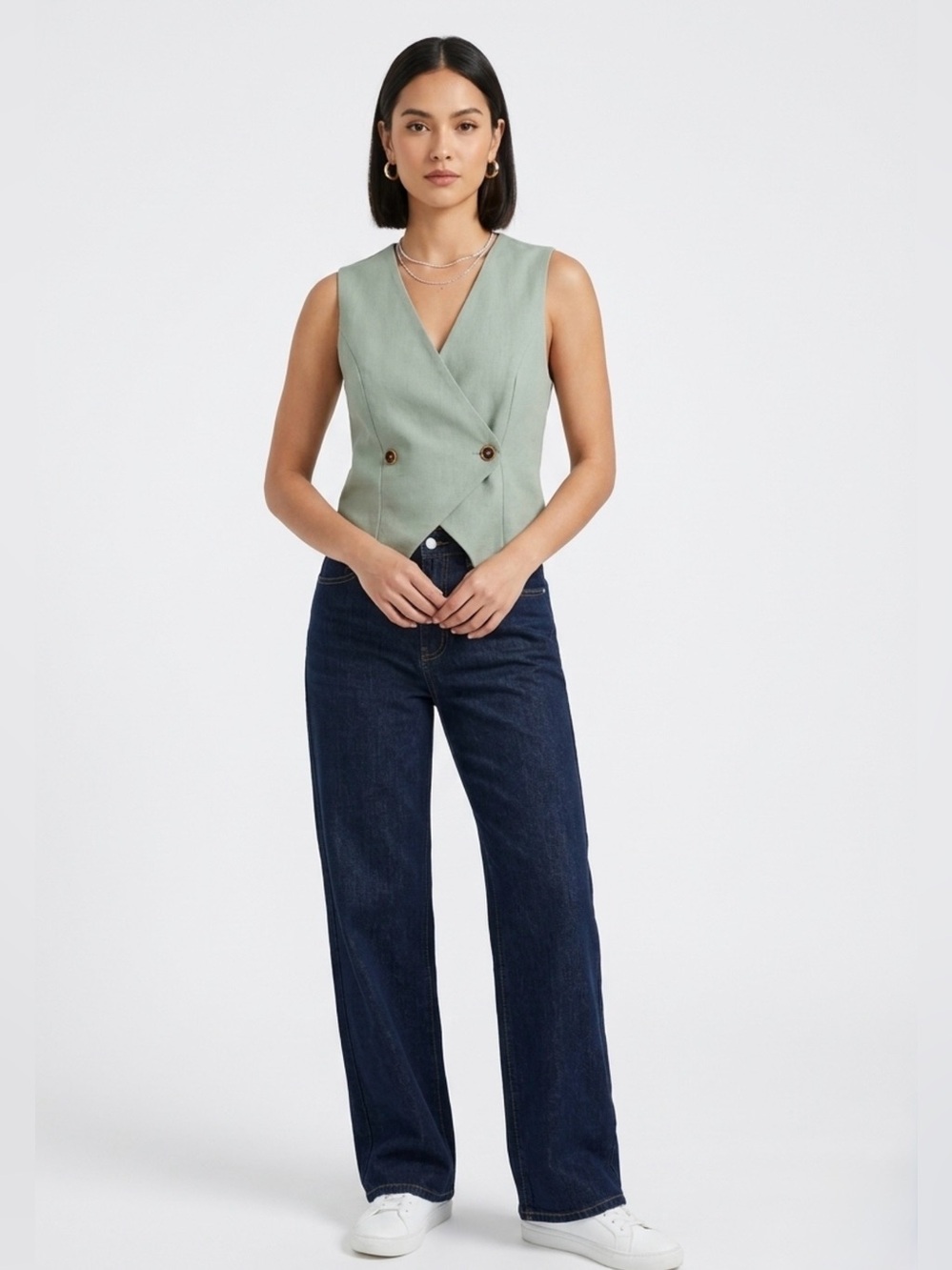 Cider Sage Pale Green Linen-Blend Asymmetric Double Breasted Crop Vest - Size M